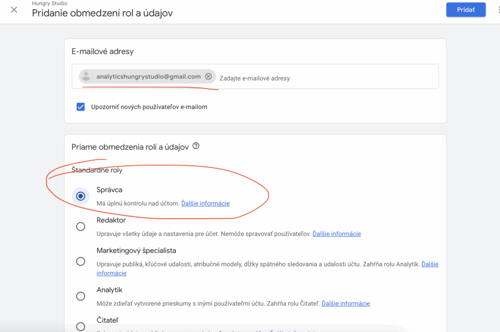 Ako pridať prístup podľa e-mailu a nastaviť úroveň správy v Google Ads